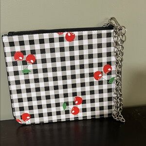 Checkered Cherry Print Pouch with Chain